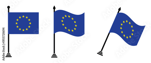 European Union Flag on Flagpole Set Flat and Waving EU National Flag Icons