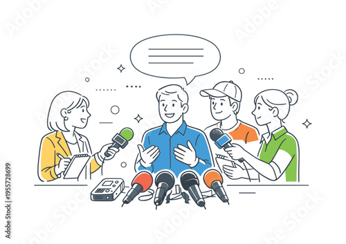 A journalism and media reporting scene where reporters conduct an interview and gather statements for news coverage during a public event, visual metaphor of multiple handheld