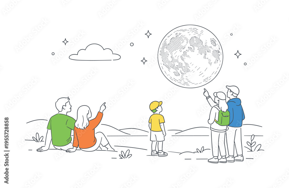 Fototapeta premium A calm night landscape scene where people pause to admire the quiet beauty of the sky during a peaceful evening outdoors, using a clear visual metaphor of a detailed full moon