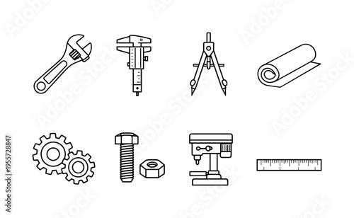Engineering tools and devices: adjustable wrench, caliper measuring tool, engineering compass, blueprint roll, mechanical gear set, hex bolt and nut, industrial drill machine