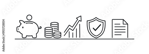 Personal wealth management and long term financial planning for stable asset growth, responsible investing, and future financial security, piggy bank, coin stack, upward arrow