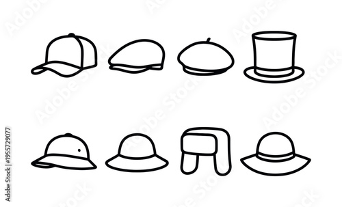 Headwear styles: trucker cap, flat cap, beret hat, top hat, safari hat, straw sun hat, ushanka hat, wide brim hat