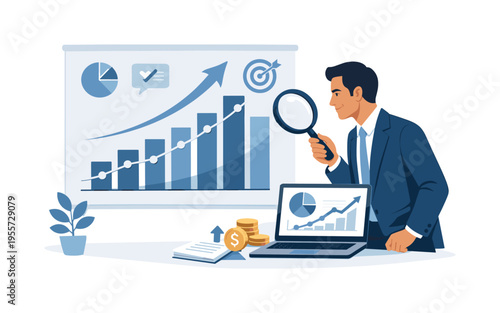 Strategic business planning and financial performance review represented through a simplified market analysis scene, a large upward graph board beside a laptop while a professional