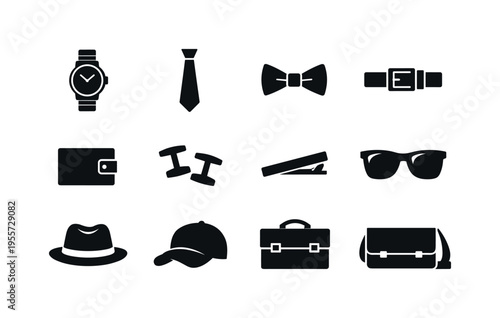 Men accessories set: wristwatch, necktie, bow tie, belt with buckle, leather wallet, cufflinks pair, tie clip, sunglasses, fedora hat, baseball cap, briefcase, messenger bag