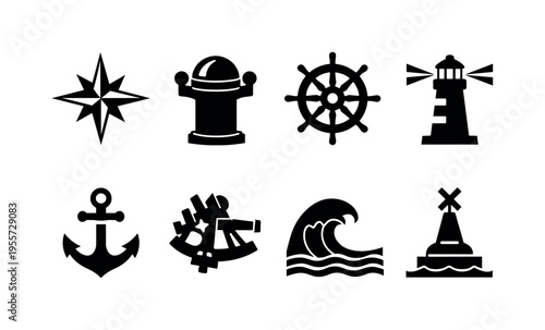 Maritime navigation symbols: compass rose star, ship compass binnacle, nautical helm wheel, lighthouse beacon, anchor symbol, sextant instrument, ocean wave marker, navigation buoy