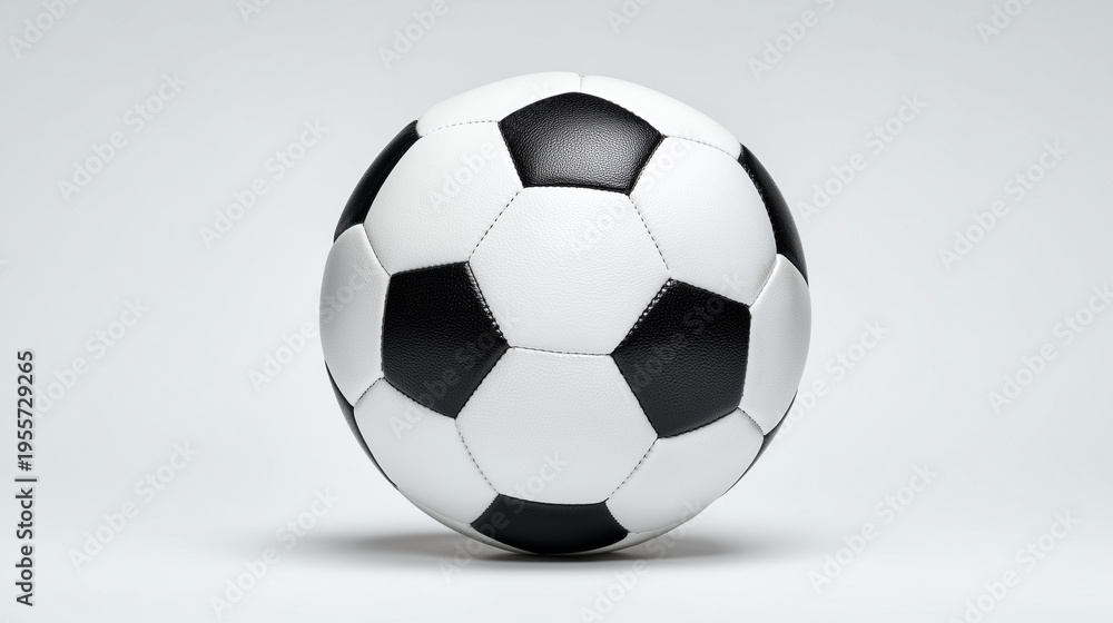 Naklejka premium Classic black and white soccer ball isolated on pure white background, clean studio shot with copy space, minimal sports equipment concept.