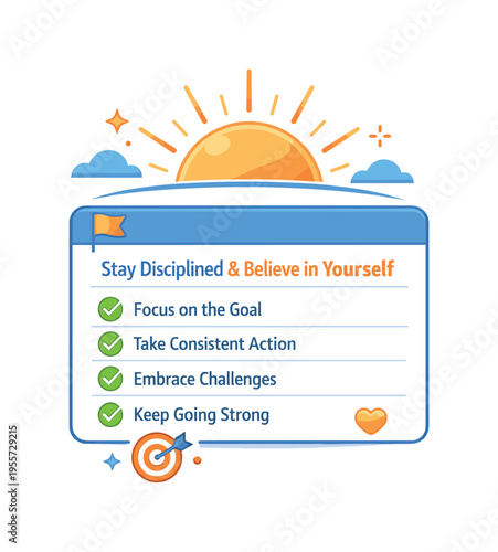 Daily productivity mindset and maintaining consistent effort during challenging tasks highlighting discipline and self-belief in modern work life, a simple checklist panel combined