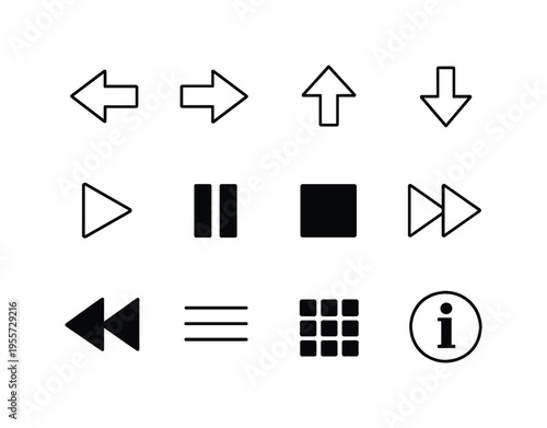 Navigation and system symbols set: left arrow, right arrow, up arrow, down arrow, play triangle, pause bars, stop square, fast forward arrows, rewind arrows, menu hamburger lines