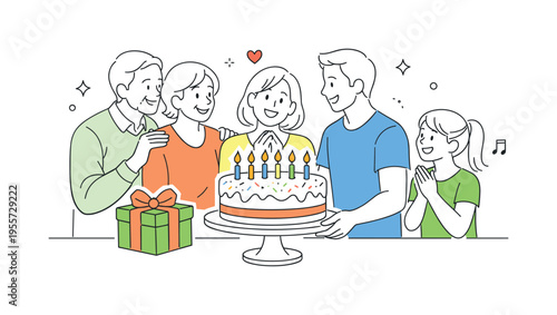 Family celebrating a birthday milestone while presenting a cake and gathering around to share wishes and smiles, representing togetherness, appreciation, and joyful life moments