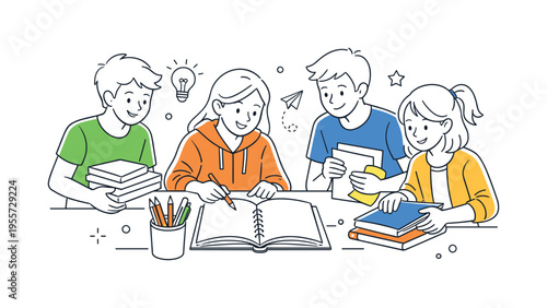 School learning preparation scene where students gather around a desk organizing their study materials before starting a class project, a pencil holder and an open notebook acting