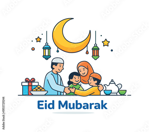 Eid Mubarak holiday atmosphere representing the cheerful spirit of celebration as families exchange greetings and enjoy special traditions together, a crescent moon with hanging