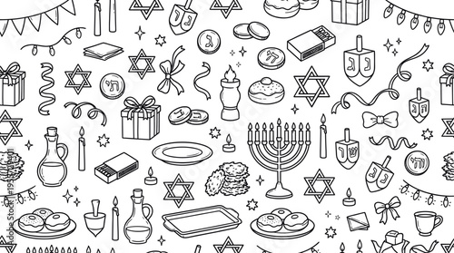 Hanukkah celebration theme with warm festive cultural feel, doodle objects including menorah, candles, dreidel, star of david, gift boxes, ribbons, bows, coins, chocolate gelt,