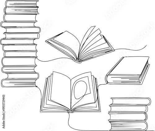 Illustration of various open and closed books arranged artistically on a plain background