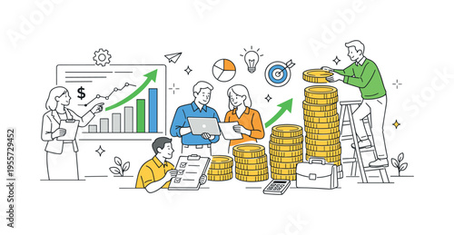 Business finance management and strategic planning concept showing professionals organizing financial activities and monitoring company performance, using a financial chart and