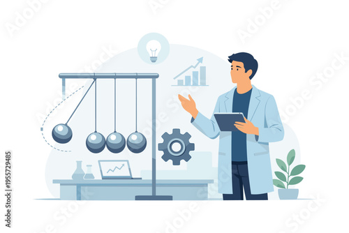 A technology innovation scene where a professional applies scientific principles to develop modern solutions and improve performance within an organized workspace, visual metaphor