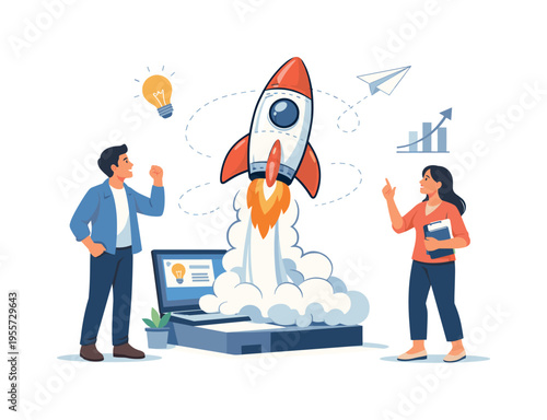 Business innovation and startup growth journey shown through a playful doodle rocket concept, a hand drawn style rocket blasting upward from a small platform next to a laptop