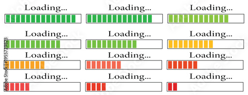 Set of colorful loading bar progress icon. UI progress status indicators low to high.