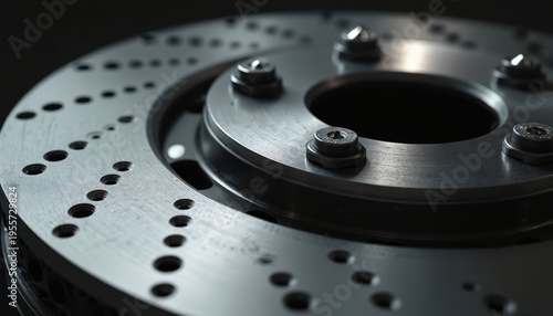 Close up of a perforated automotive brake rotor with bolts. Metal component for vehicle disc brake system. High performance part with drilled holes.