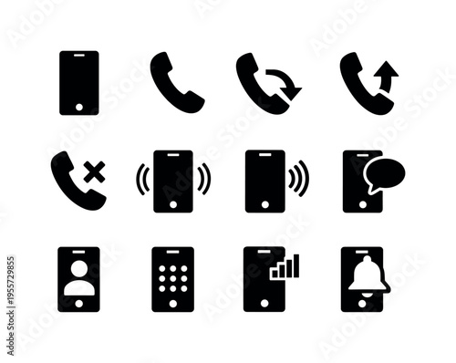 Phone and calling set: smartphone handset, classic telephone receiver, phone call incoming arrow, phone call outgoing arrow, missed call symbol, phone with vibration lines, phone