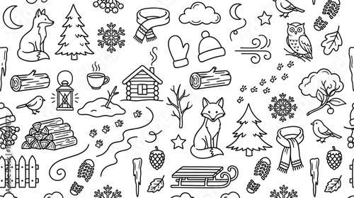 Cozy seasonal wildlife and winter forest lifestyle concept featuring a fox among simple natural elements symbolizing calm, survival, and harmony with nature in cold weather.