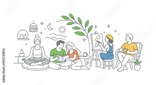 A modern lifestyle and interior design concept inspired by natural living and relaxed aesthetics, where people embrace organic elements in their daily environment, using a minimal