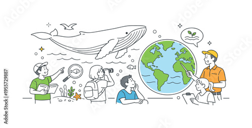 Marine education and wildlife discovery concept where individuals learn about ocean ecosystems and the role of whales within them, featuring a whale and a simplified globe as a