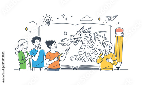 Art class creativity concept where several people stand beside a large sketchbook showing a stylized dragon drawing and a simple pencil, using the drawing and pencil as a visual