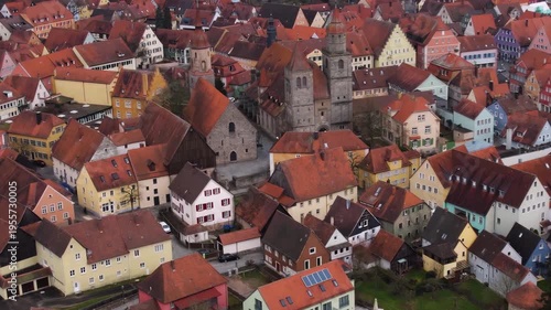 Aerial view of the old town city Feuchtwangen in south Germany, Bavaria . On a cloudy day in autumn. 
