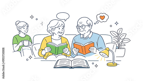 Senior lifestyle and leisure scene where an elderly couple reads books together in a relaxed home environment while sharing quiet conversation, a pair of open books and a small