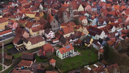 Aerial view of the old town city Feuchtwangen in south Germany, Bavaria . On a cloudy day in autumn. 
