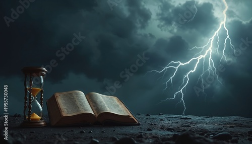 Stormy sky looms over open Bible and hourglass. Represents end of time, divine judgment, and the finality of life moments. Ancient wisdom meets fleeting existence during a celestial event.