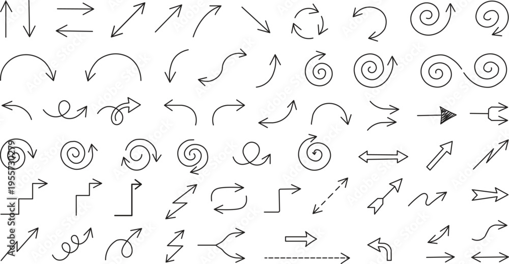 Obraz premium Vector set of hand-drawn black line-art arrows and spirals.
