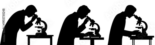 Silhouetted scientists or lab technicians conducting research using microscopes in a medical laboratory setting vector set isolated on white background, scientist, microscope, research, laboratory