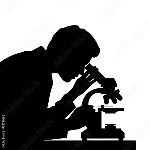 Professional researchers or students in lab coats analyzing samples with scientific equipment black silhouette vector illustration isolated on white background