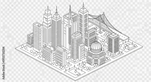 A black and white vector illustration of a cityscape with skyscrapers and a bridge
