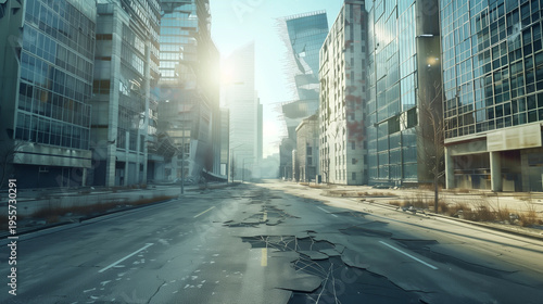 A post-apocalyptic city, a long wide street with high-rise office buildings, broken windows and dust everywhere, no living people or animals