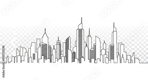 A minimalist black and white vector illustration of a city skyline with a transparent background