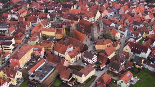 Aerial view of the old town city Feuchtwangen in south Germany, Bavaria . On a cloudy day in autumn. 