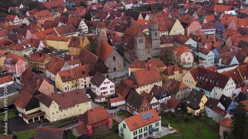 Aerial view of the old town city Feuchtwangen in south Germany, Bavaria . On a cloudy day in autumn. 