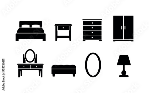 Bedroom furniture set: double bed, bedside table, dresser chest, wardrobe closet, vanity table, padded bench, wall mirror, table lamp