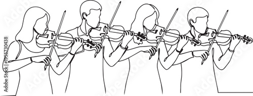 Four musicians playing violins in a synchronized manner during a performance