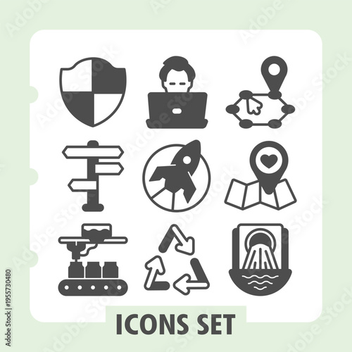 Set of nine glyph icons including search, user, network, settings, rocket, heart, documents, factory and energy for web and mobile applications.
