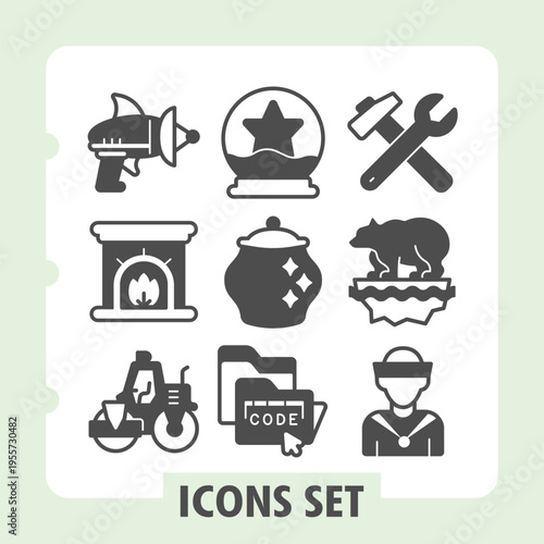 Set of nine clean glyph icons including detective, badge, tools, furnace, kettle, bear, tractor, coding and user profile for web and mobile applications.