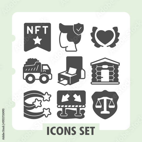 Set of nine clean glyph icons featuring nft, crypto, love, home, truck, chair, coin, scale and badge elements for web and mobile interfaces.