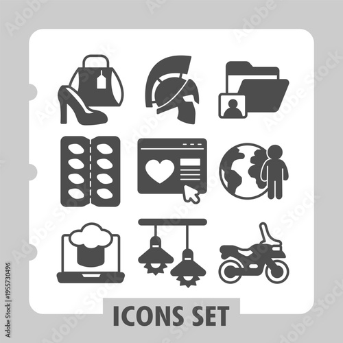 Set of nine glyph style icons featuring travel essentials, fashion items, vehicles, dating and global communication for web and mobile design projects.