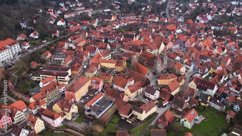 Aerial view of the old town city Feuchtwangen in south Germany, Bavaria . On a cloudy day in autumn. 