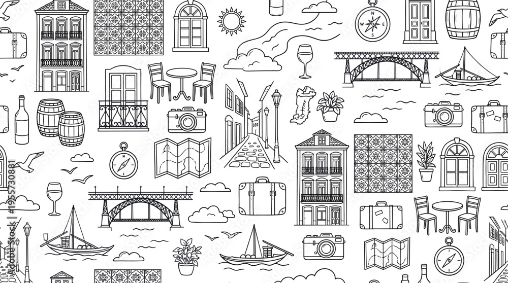 Fototapeta premium Porto city travel and cultural exploration concept focused on scenic urban landscapes, historic architecture, and relaxed European travel lifestyle along the riverside. Objects of