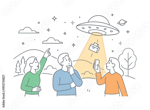 Curiosity about space and unidentified phenomena where observers notice a flying saucer hovering above a landscape while a beam of light lifts an object upward, a UFO spacecraft