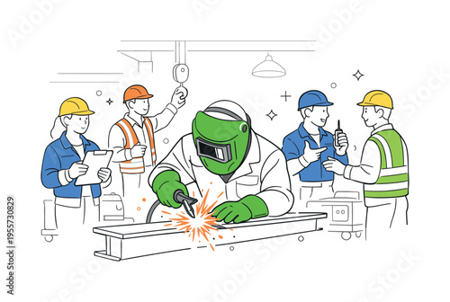Industrial welding worker performing metal fabrication in a busy workshop while teammates coordinate equipment and safety procedures, representing skilled labor, precision