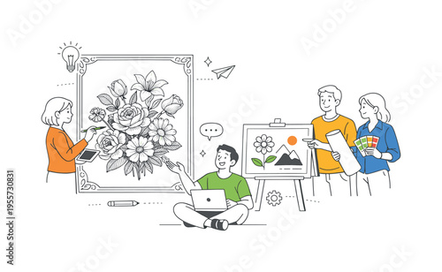 Antique botanical art and decorative asset creation concept illustrating professionals adapting engraved floral elements for modern creative projects, using a cluster of vintage